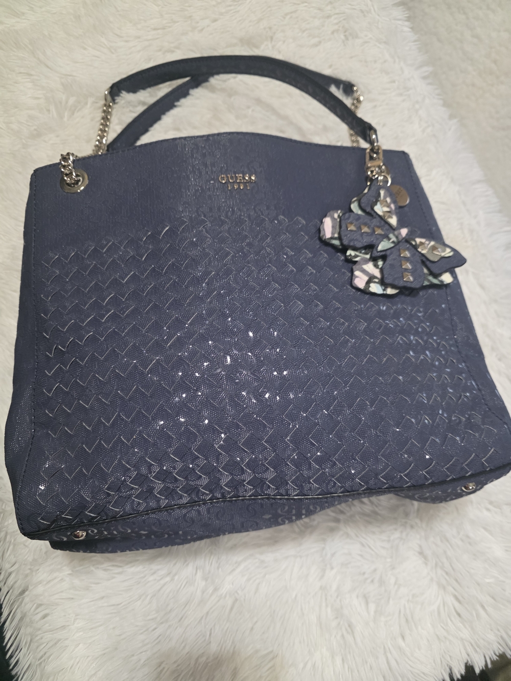 GUESS Navy Textured Tote Bag with Charm